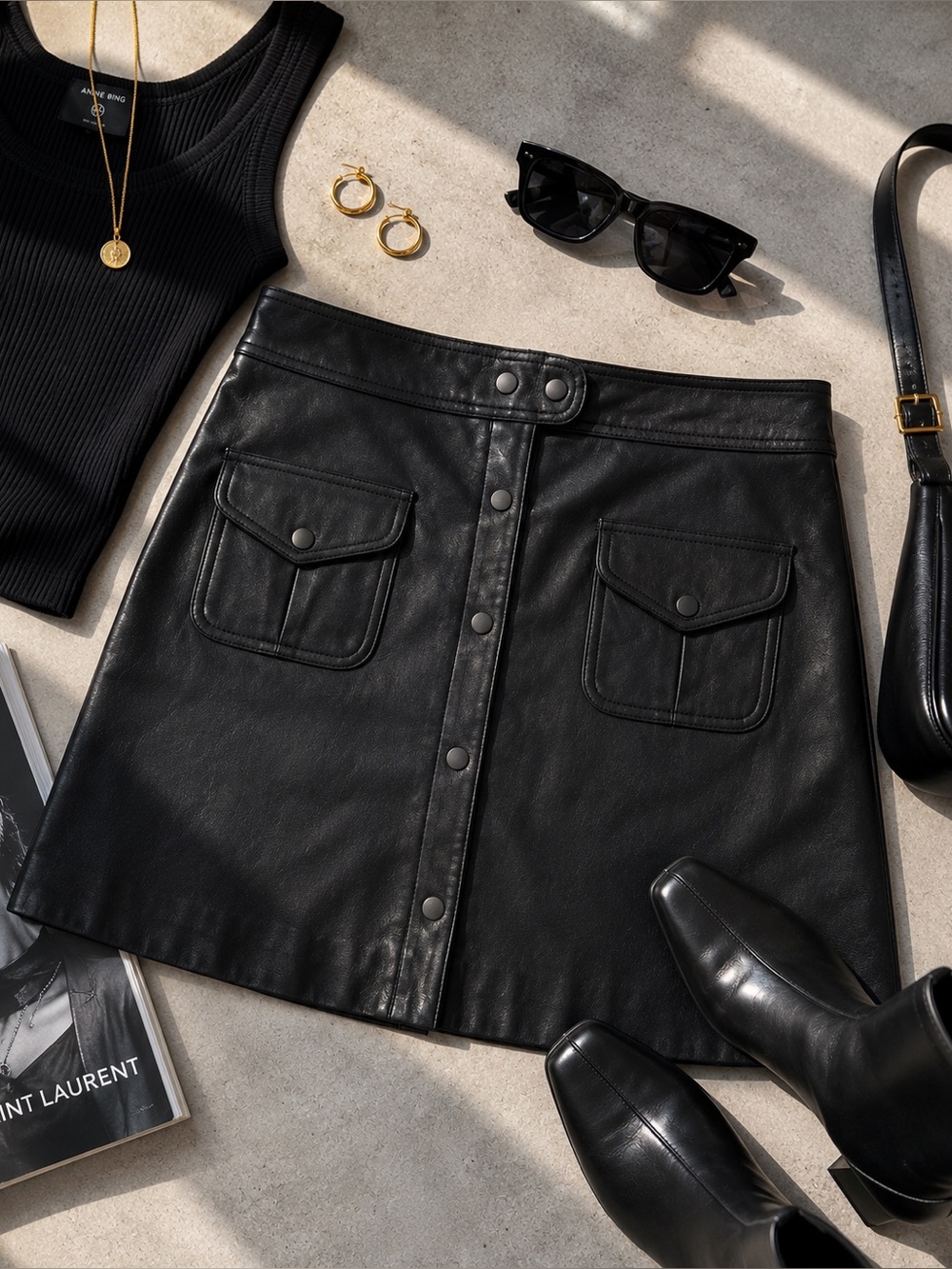 Boston Proper Black Leather Mini Skirt A Line Snap Front Size L - Picture 3 of 8